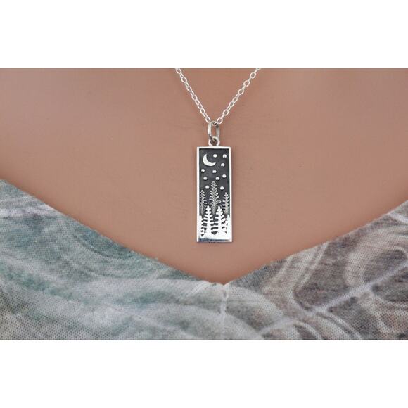 Sterling Silver Rectangle Pine Tree Charm with Moon Necklace - Picture 4 of 5